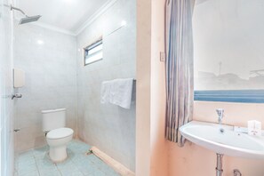 A bathroom with a toilet, shower, and sink.
