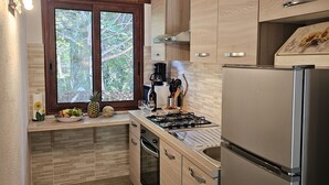 Eine moderne Küche mit eingebautem Gasherd, Edelstahlgeräten und einem großen Fenster mit Blick auf Bäume.