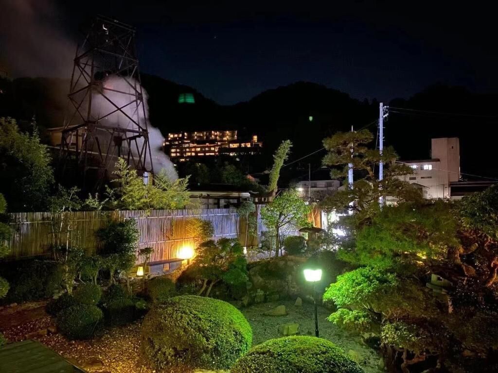 A nighttime view of a garden with well-maintained bushes and a large, illuminated structure in the background.