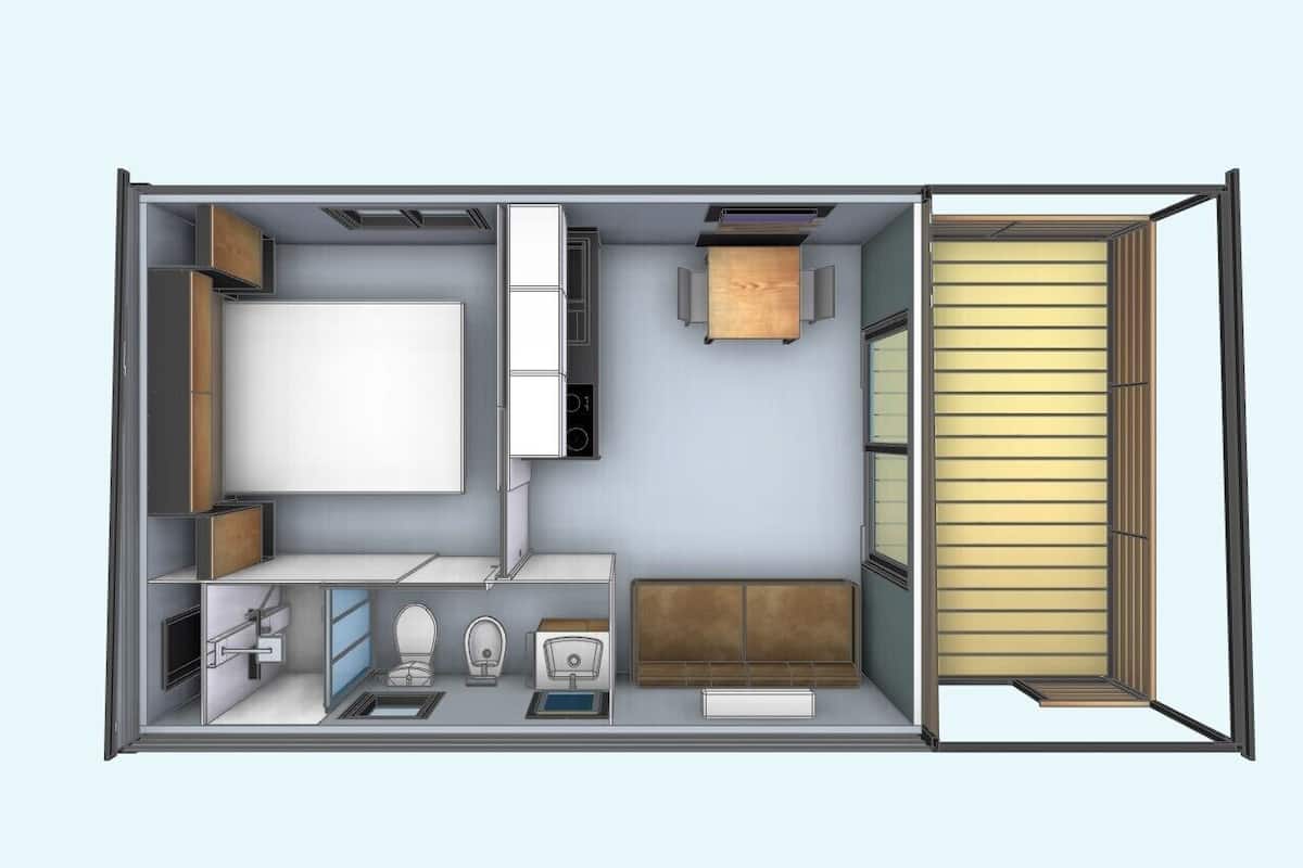 A 2-bedroom apartment layout with a kitchenette, a dining area, a living room, and a separate sleeping area.