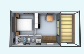 Distribución de un apartamento de dos dormitorios con kitchenette, comedor, sala de estar y zona de descanso separada.
