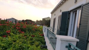A building with a balcony, green shutters, and a garden with red flowers. - Vila Morska Sirena (Zupa dubrovacka)