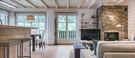 TV, fireplace