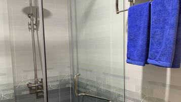 Una ducha con cerramiento de vidrio, cabezal de ducha manual y rociador de mano.