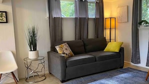 A modern living room with a grey sofa, a small side table, a potted plant, and a blue rug.