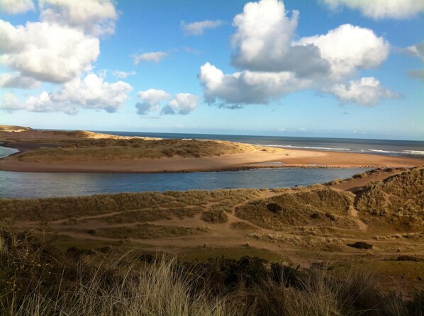 Un paisaje costero con dunas, una playa y una masa de agua.