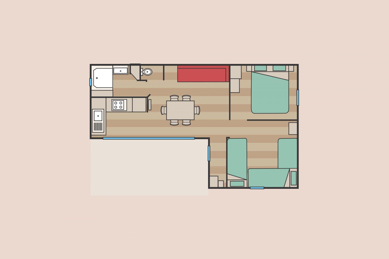 Een plattegrond van een hotelkamer met een kitchenette, een eethoek, een zithoek met een bank en een televisie, en een badkamer.
