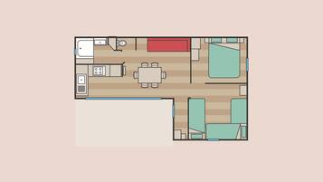Een plattegrond van een hotelkamer met een kitchenette, een eethoek, een zithoek met een bank en een televisie, en een badkamer.