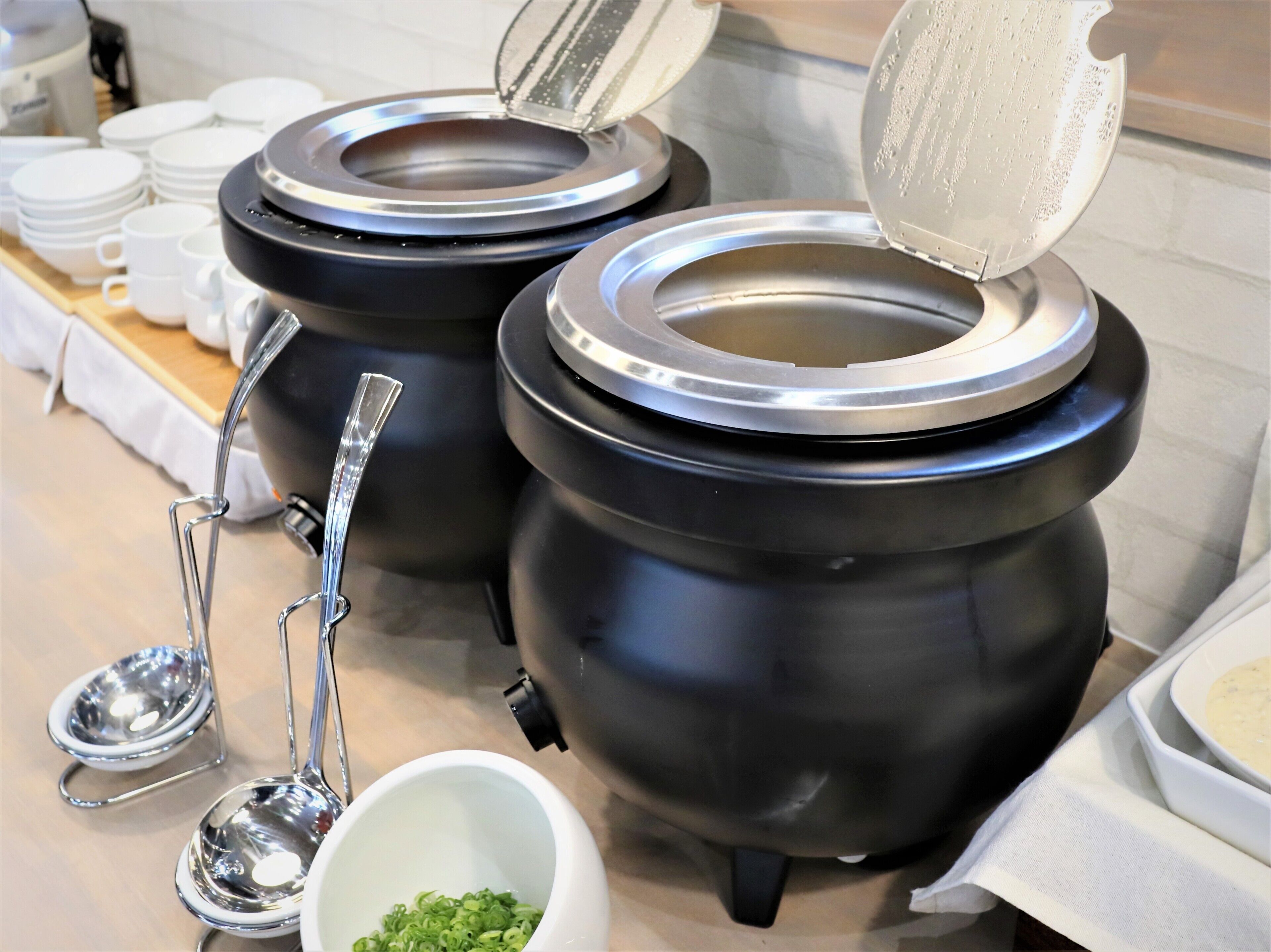 Two black electric kettles with lids, a metal strainer, a bowl of chopped green onions, and a stack of white plates.