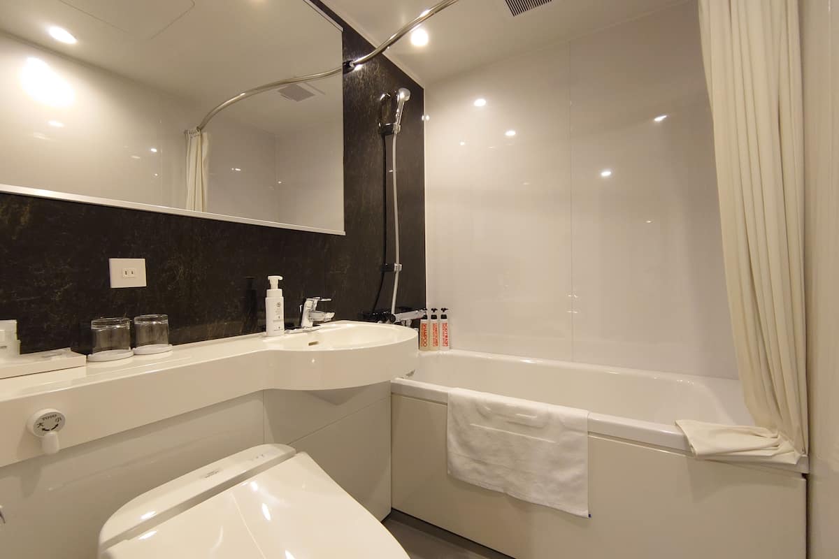combined shower/bathtub, free toiletries, hair dryer, slippers