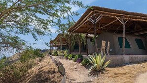 A series of thatched-roof cabins with a dirt path leading to them, surrounded by sparse vegetation and a clear sky. - Eagles Nest Camp (Mbarara)