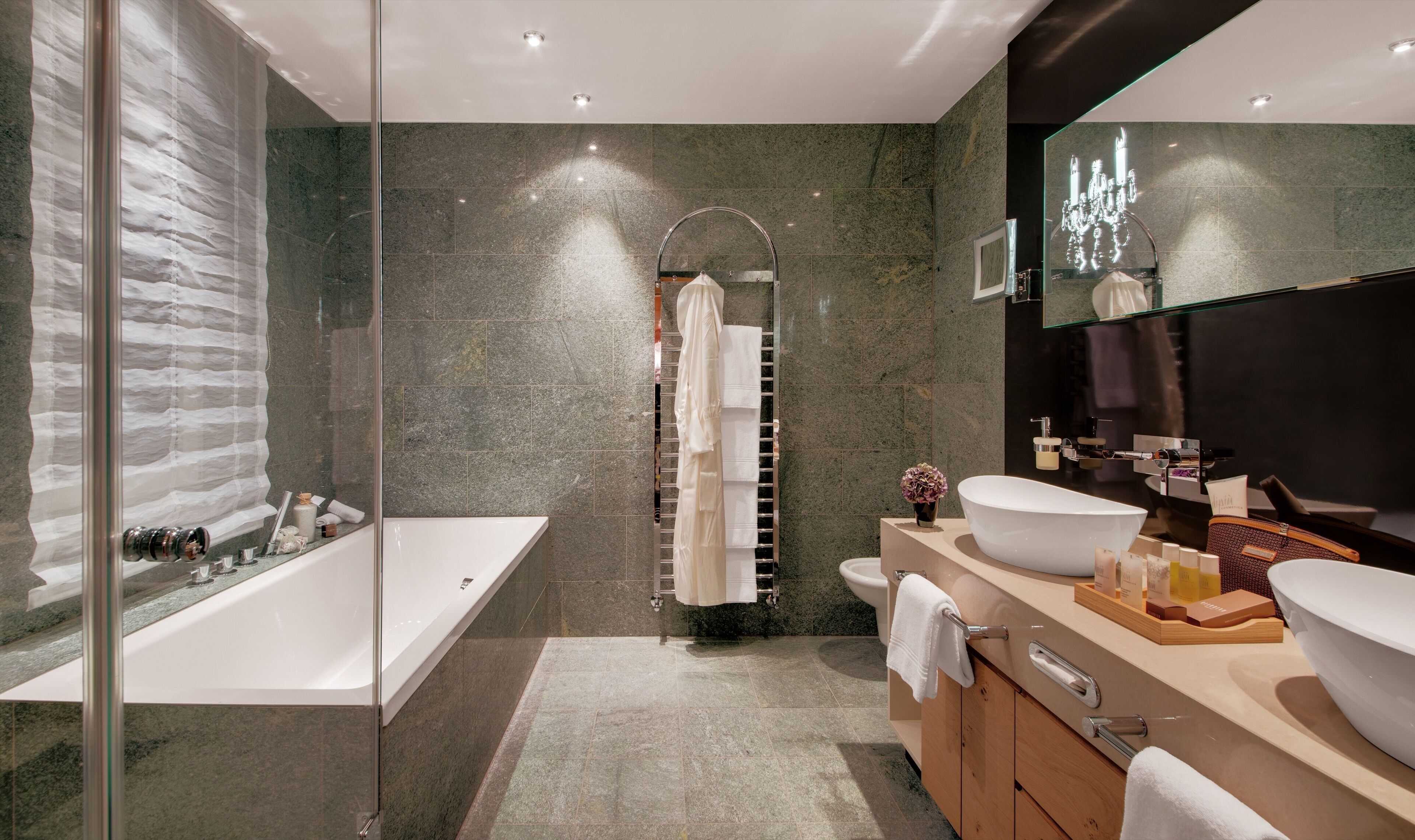 suite | bathroom | designer toiletries, hair dryer, bathrobes, slippers