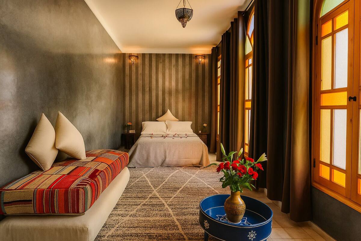 Un dormitorio con cama, sofá, mesita de noche, un florero y una mesita auxiliar azul.