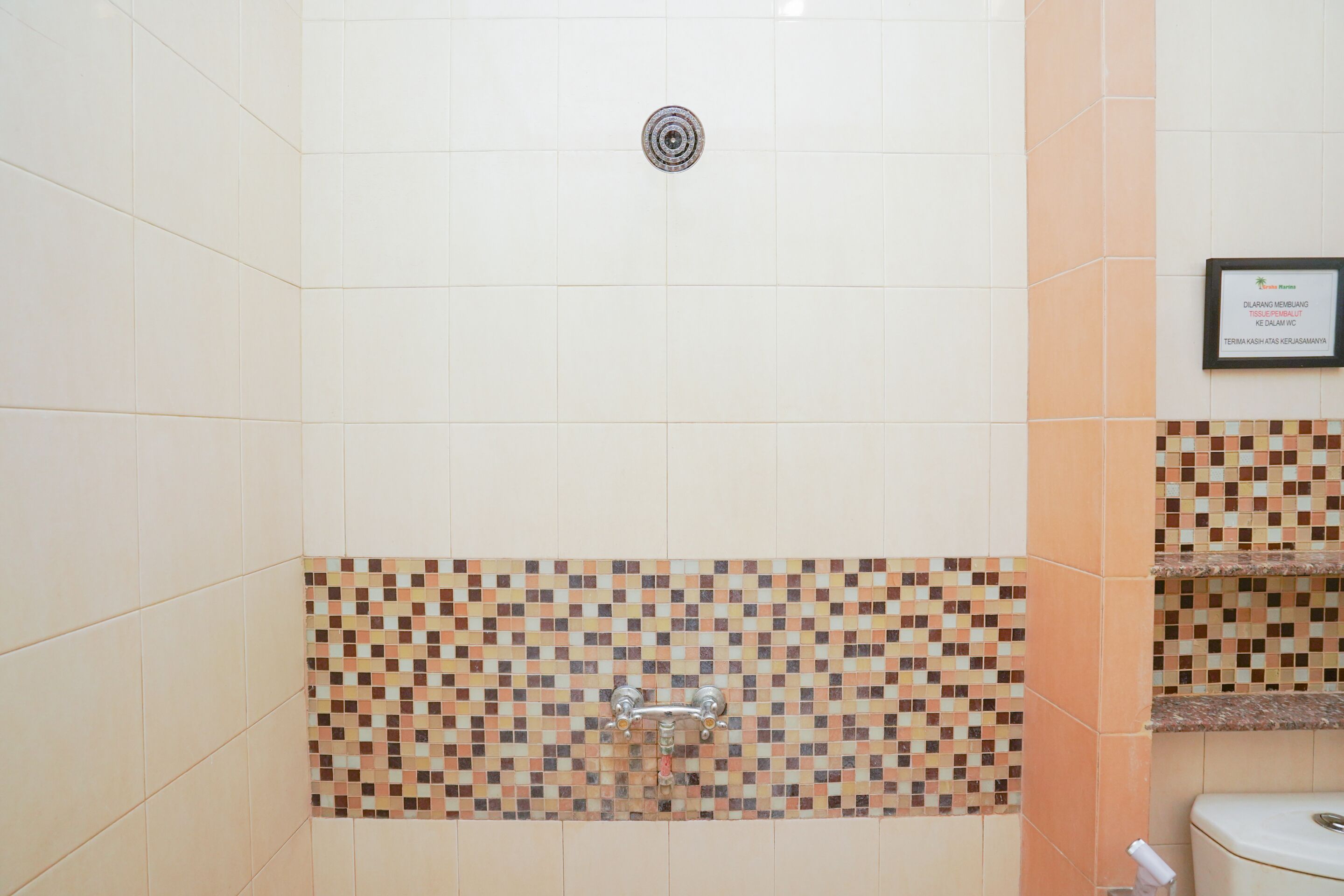 Un baño con ducha, paredes de azulejos y un inodoro.