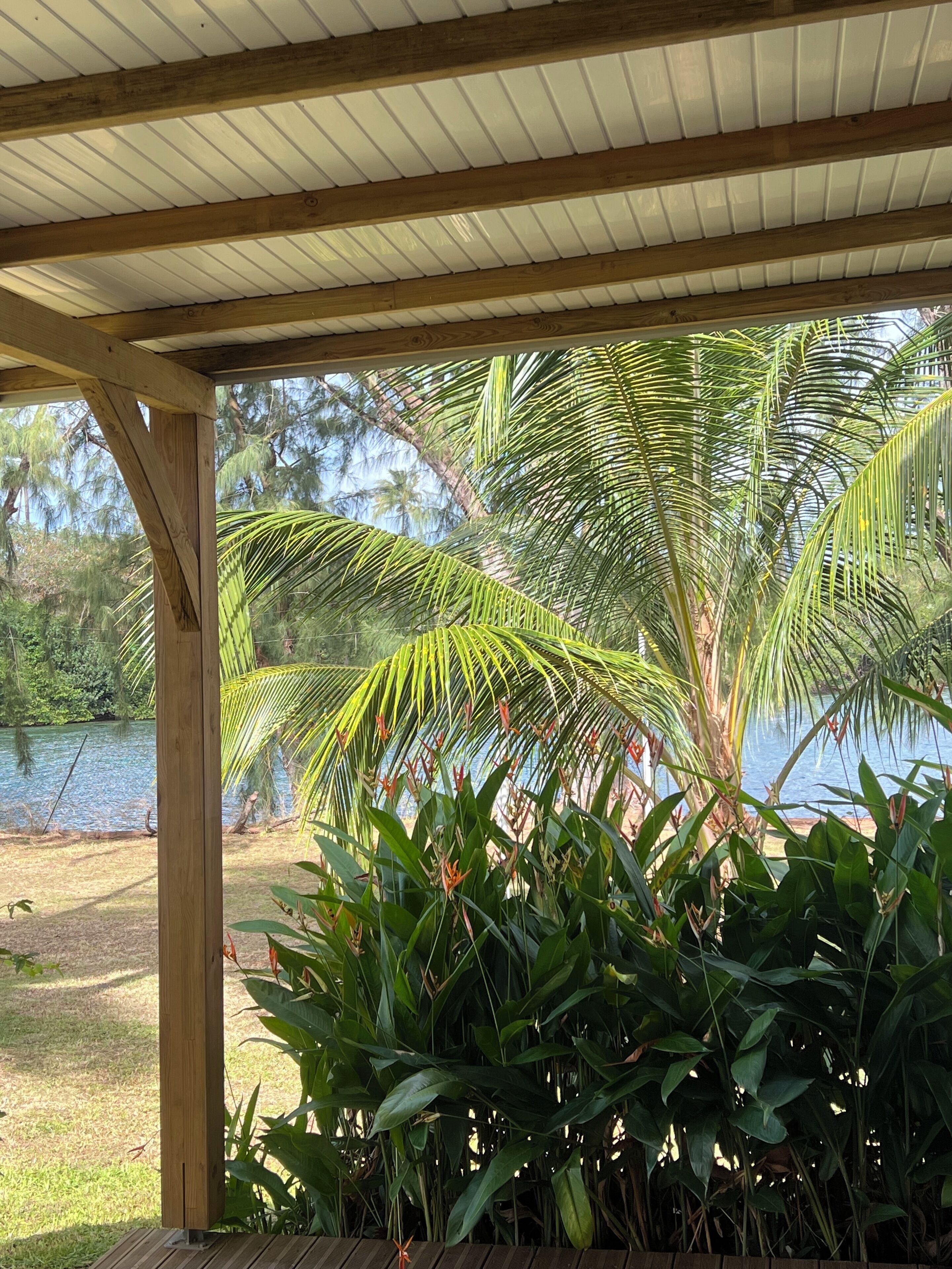A wooden pergola structure with a view of a lake and palm trees.