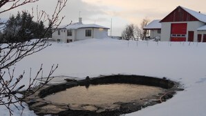 A snow-covered landscape with a pond, a red barn, and a white house. - Nes Guesthouse (Borgarbyggd)