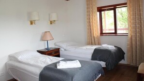 A room with two single beds, a nightstand with a lamp, a window with curtains, and a view of greenery outside. - Nes Guesthouse (Borgarbyggd)