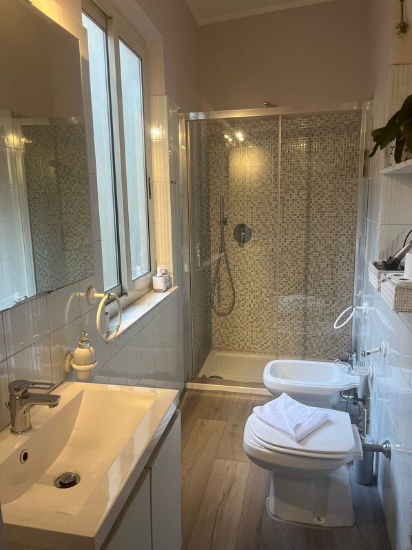 A modern bathroom with a glass-enclosed shower, a sink, and a toilet.