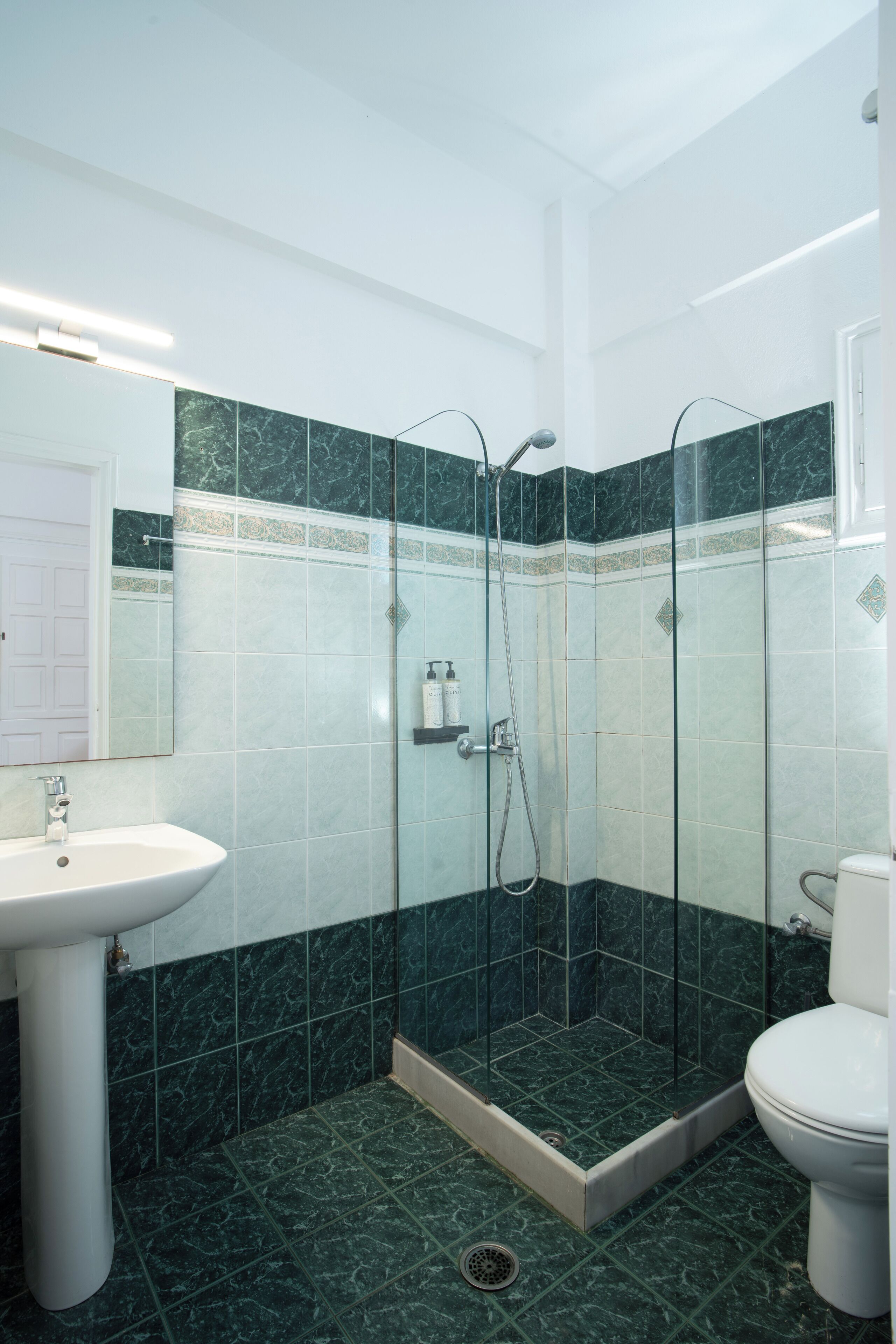 A bathroom with a glass-enclosed shower, a white sink, and a toilet.