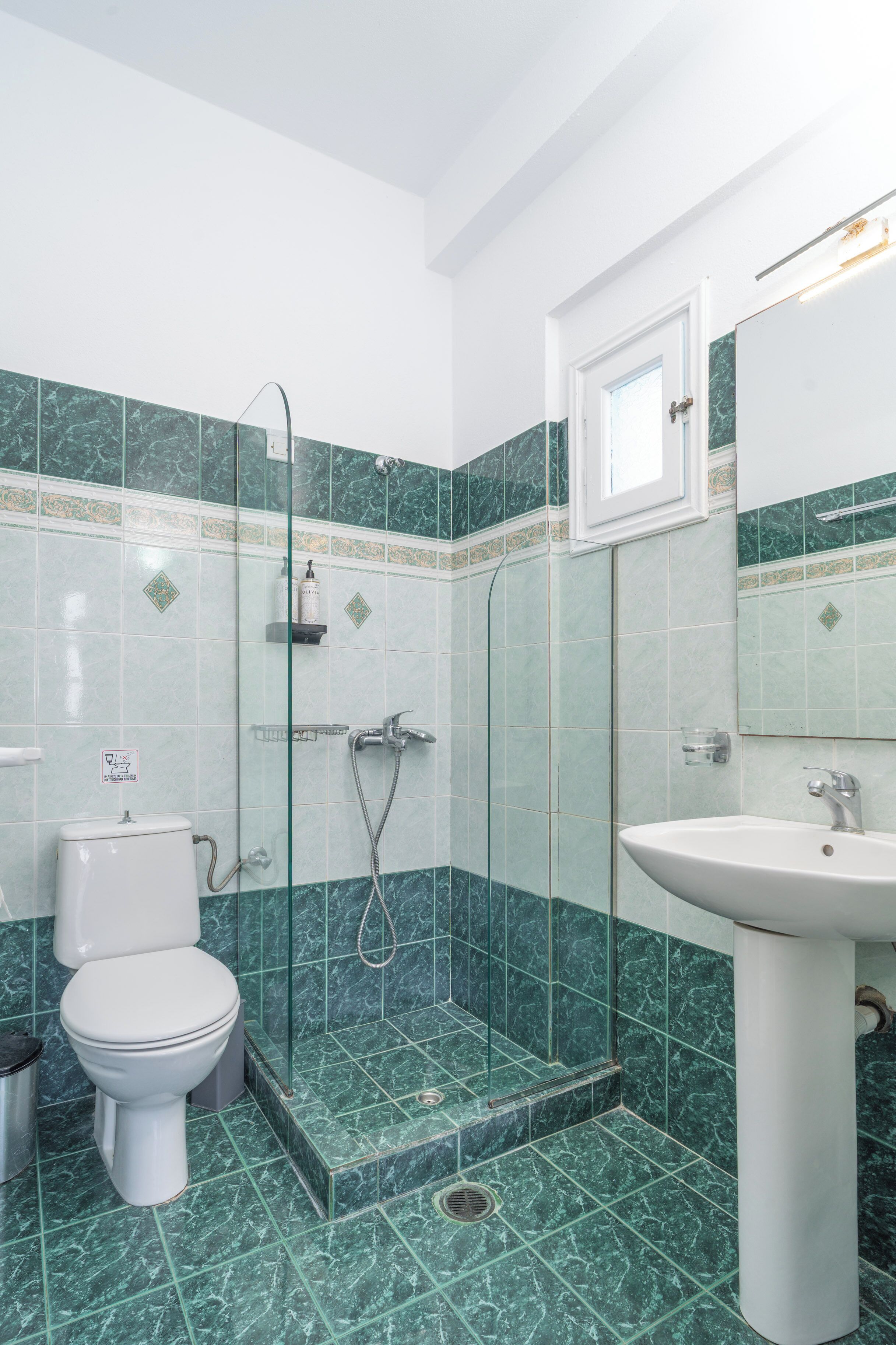 Un baño con inodoro, lavabo y ducha.