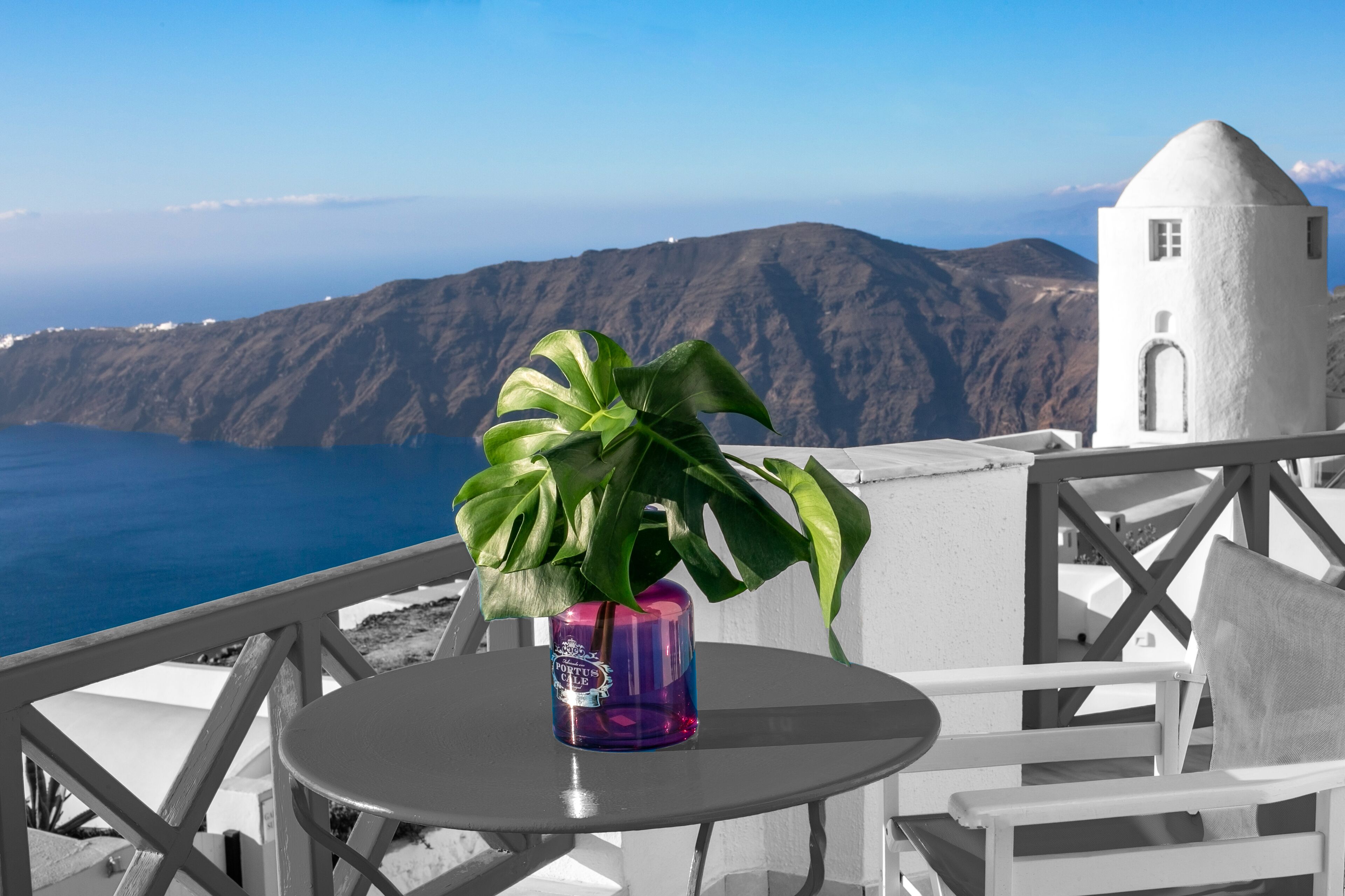 A table with a potted plant and a bottle, overlooking a coastal landscape with a white building and mountains.