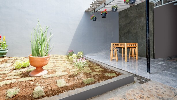 Un patio con una planta en maceta, un pequeño jardín, un banco de madera y macetas colgantes.
