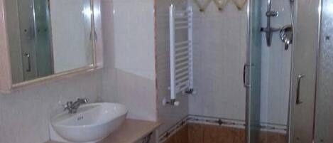 A bathroom with a sink, mirror, toilet, and shower.