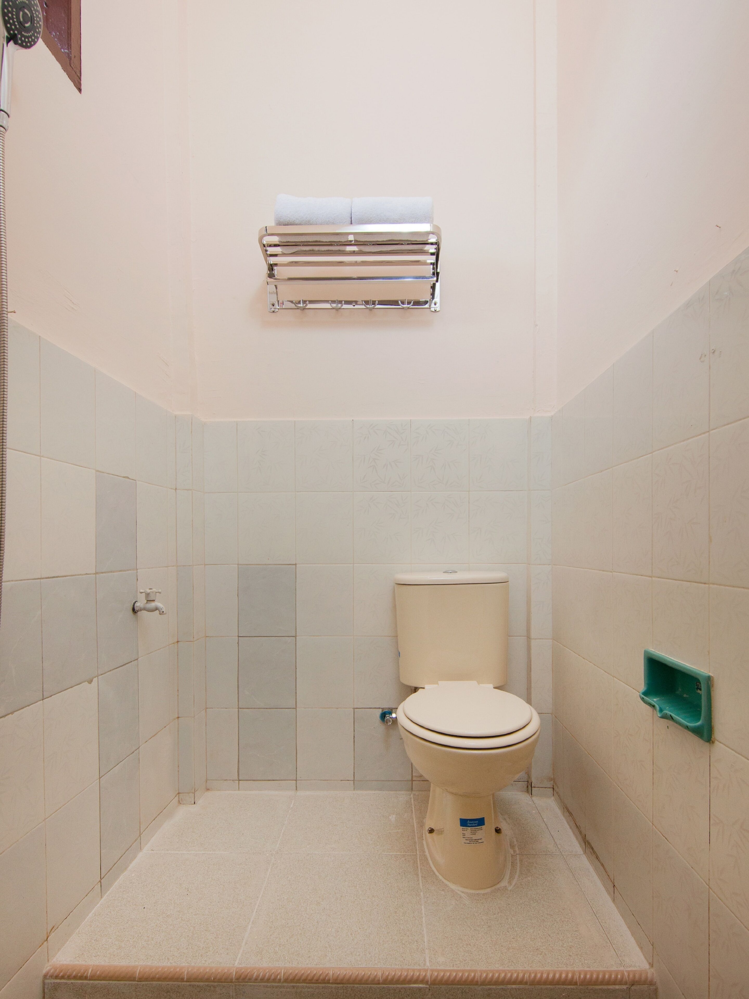 A small, tiled bathroom with a toilet, a towel rack, and a showerhead.