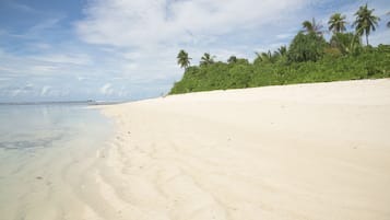 Vlak bij het strand, wit zand, ligstoelen aan het strand, parasols