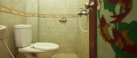 A bathroom with a toilet, a sink, and a shower.