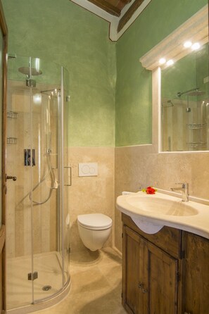 A bathroom with a glass shower enclosure, a toilet, and a sink with a mirror above. - Under the Chianti Sun (Bucine)