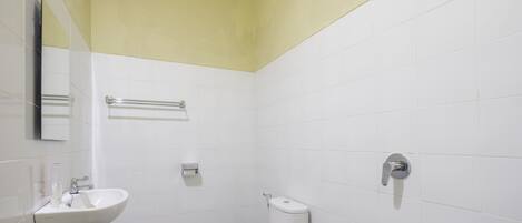 A small, clean bathroom with a white sink, toilet, and shower.