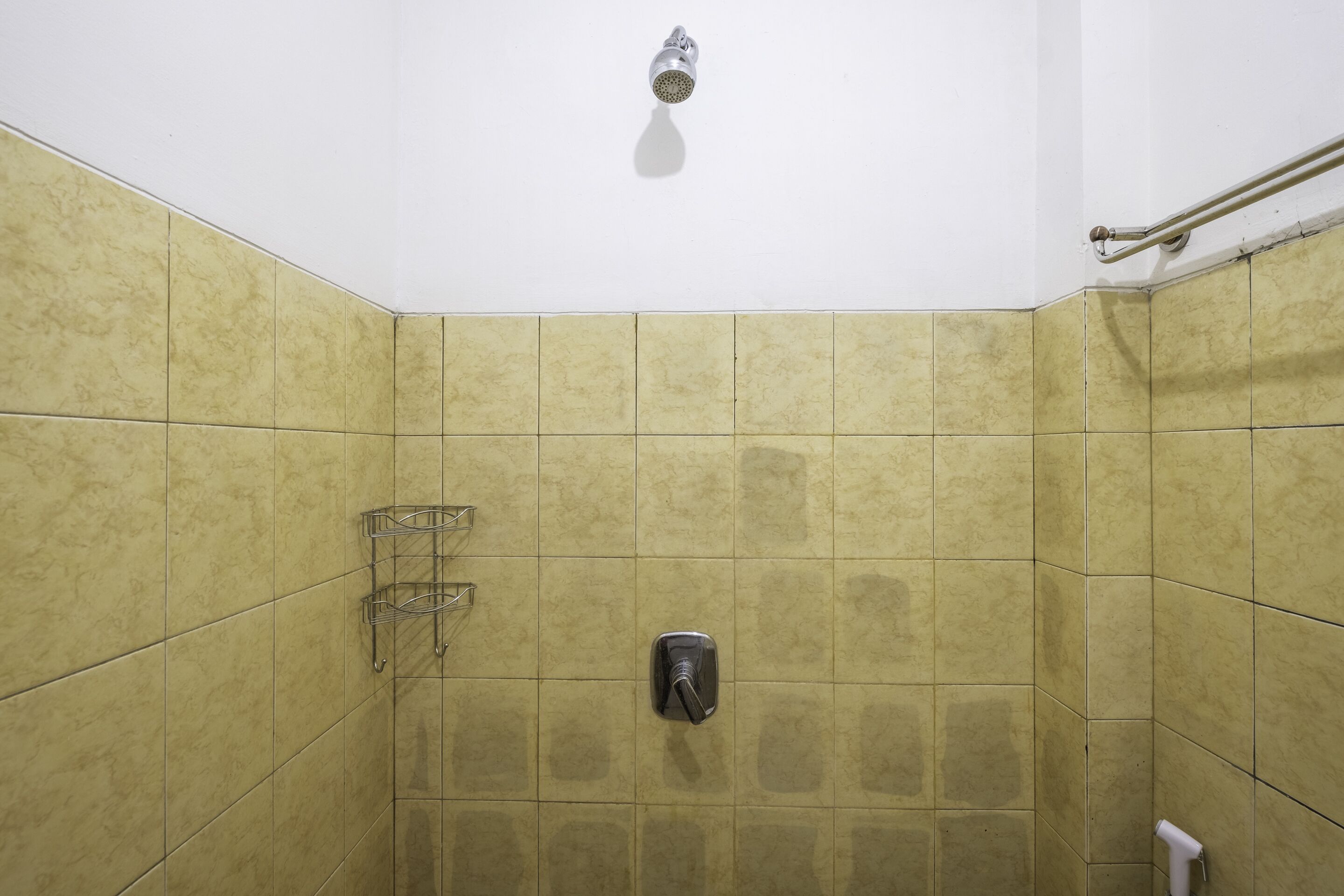 Ducha con cabezal de ducha manual y dispensador de jabón montado en la pared.