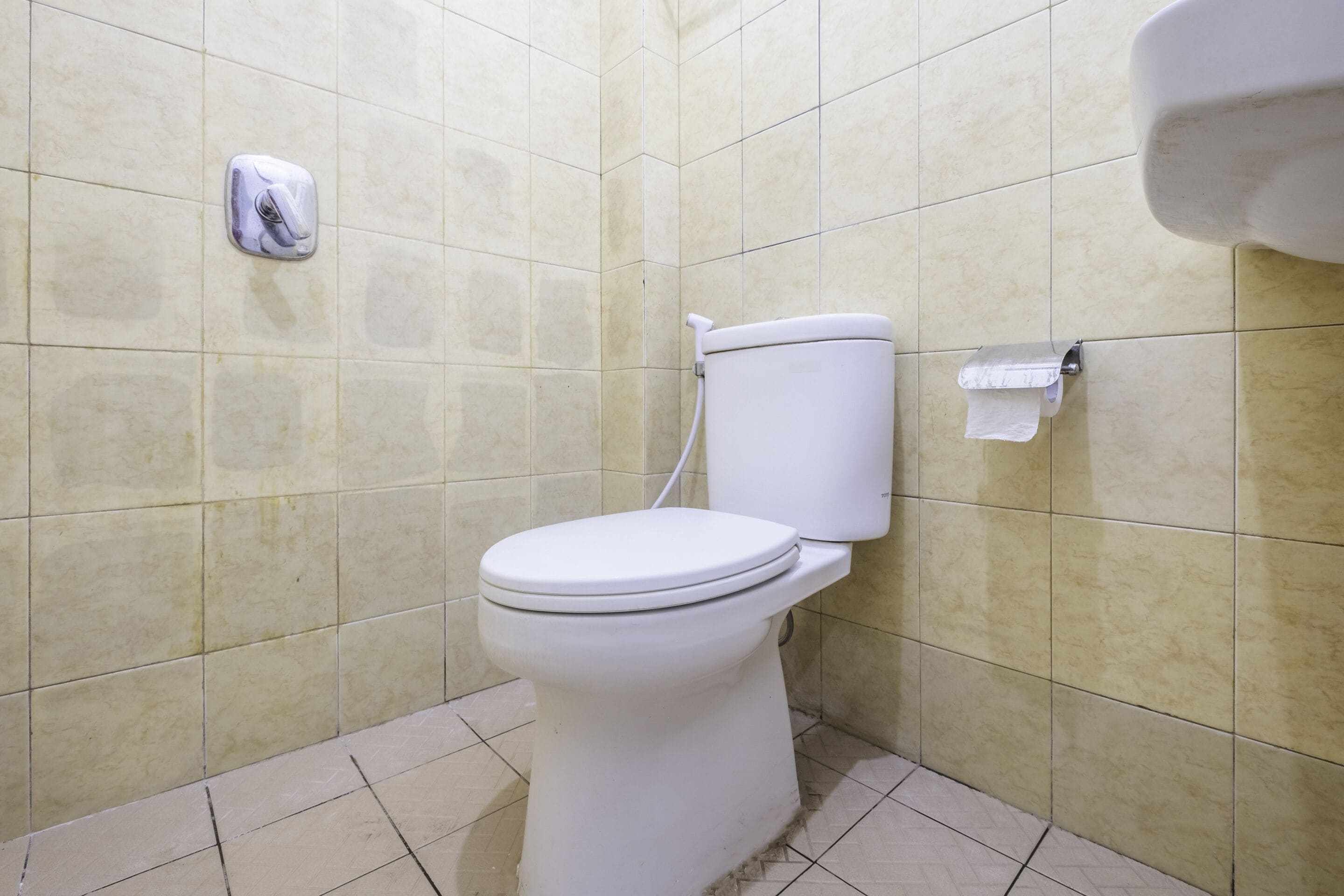 A standard white toilet with a flush handle and a paper towel holder on the wall.