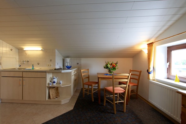 Apartment | Eigene Kochnische | Kühlschrank, Herdplatte, Wasserkocher mit Kaffee-/Teezubehör