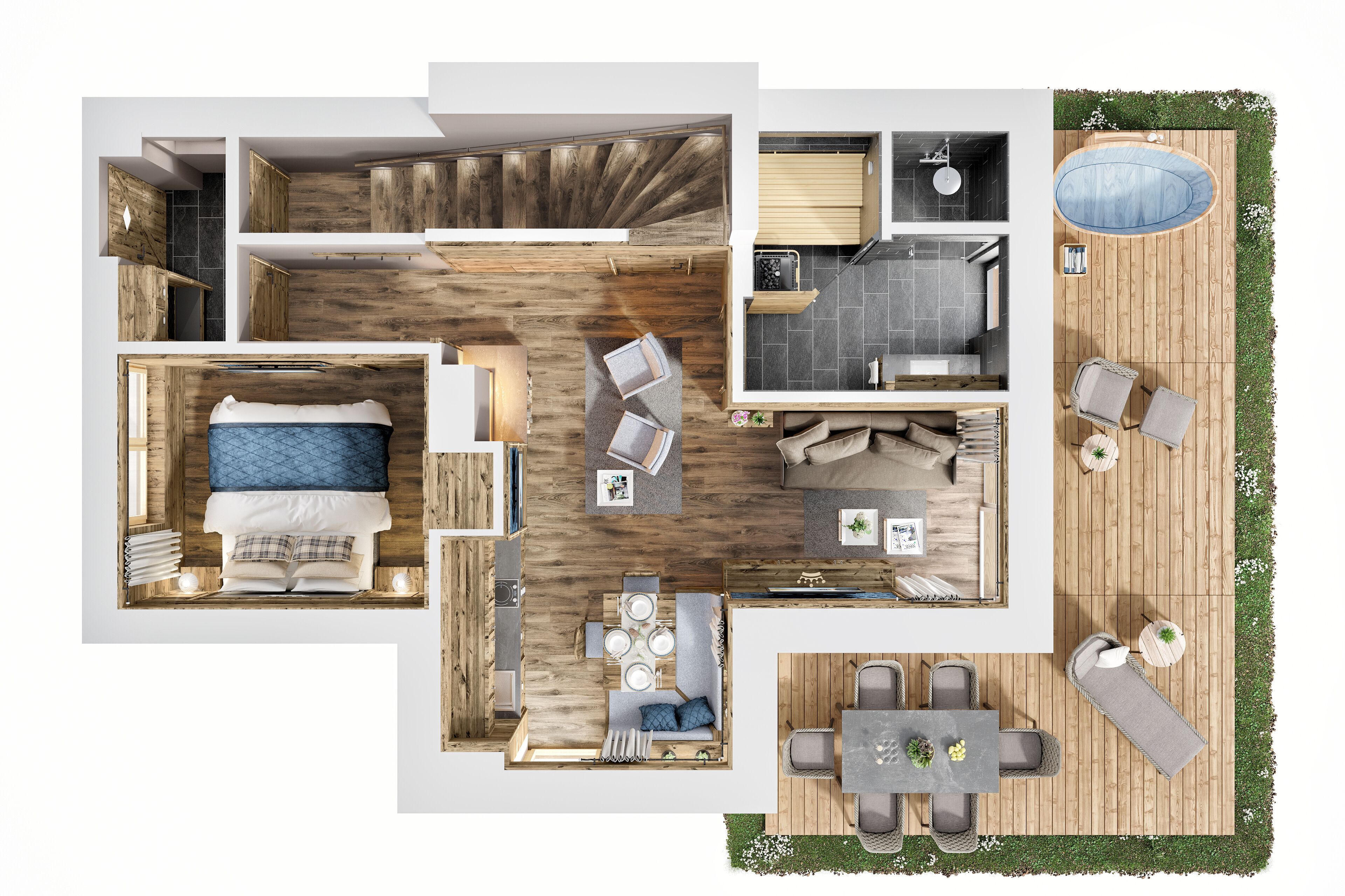 Distribución moderna de un apartamento con sala de estar, cocina, comedor y una pequeña terraza al aire libre.