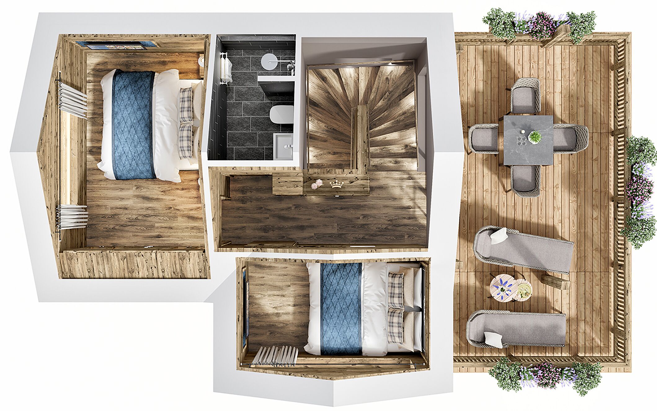 Un espacio habitable moderno y abierto, con cocina, comedor y dos dormitorios.