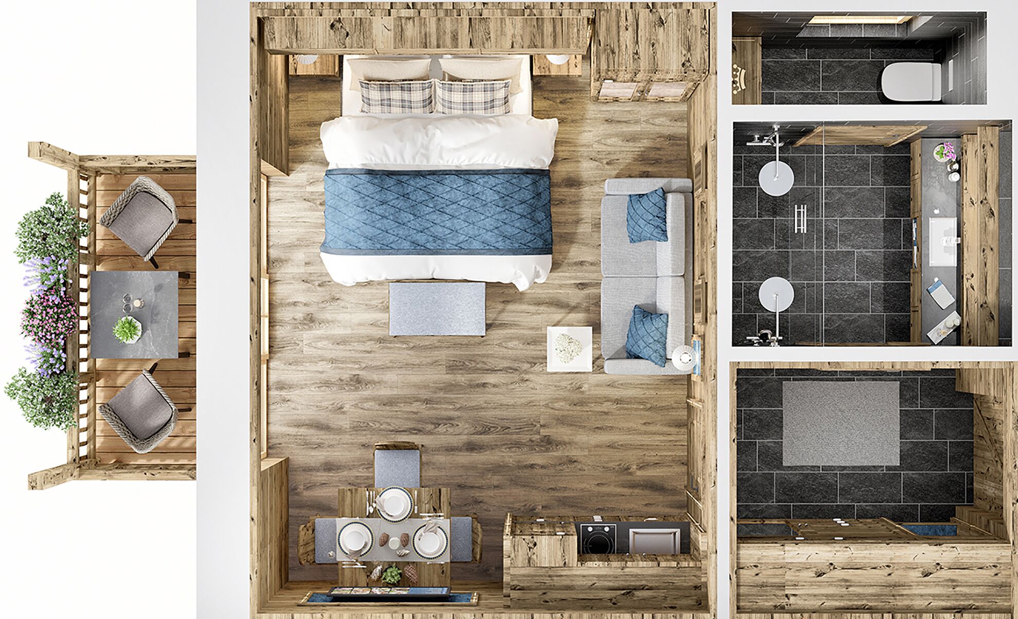 Una habitación tipo cabaña de madera con cama, sofá, mesa de comedor y una pequeña cocina.