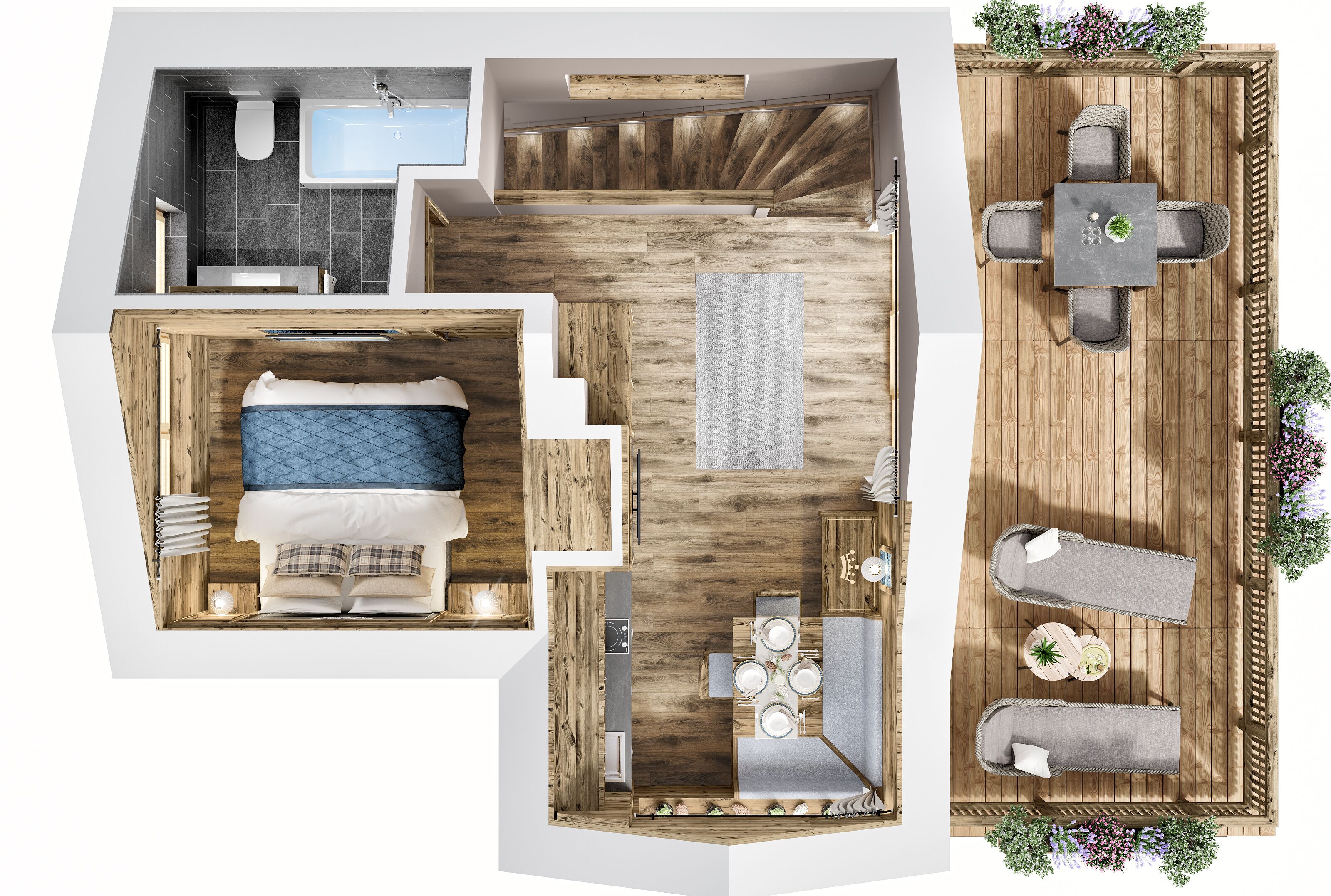 A floor plan of a hotel room with a bed, a bathroom, a dining area, and a seating area with a table and chairs.