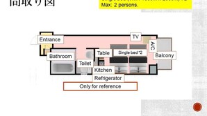 Un plan d’une chambre d’hôtel comprenant une entrée, une salle de bain, des toilettes, une table, un lit simple, une télévision, un balcon, une cuisine et un réfrigérateur.