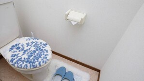 Un baño pequeño con inodoro, un dispensador de papel higiénico y un par de pantuflas en el suelo.