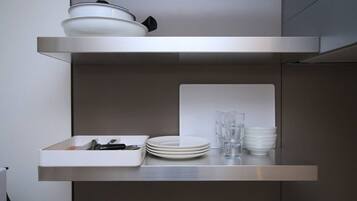 Fridge, microwave, stovetop, electric kettle