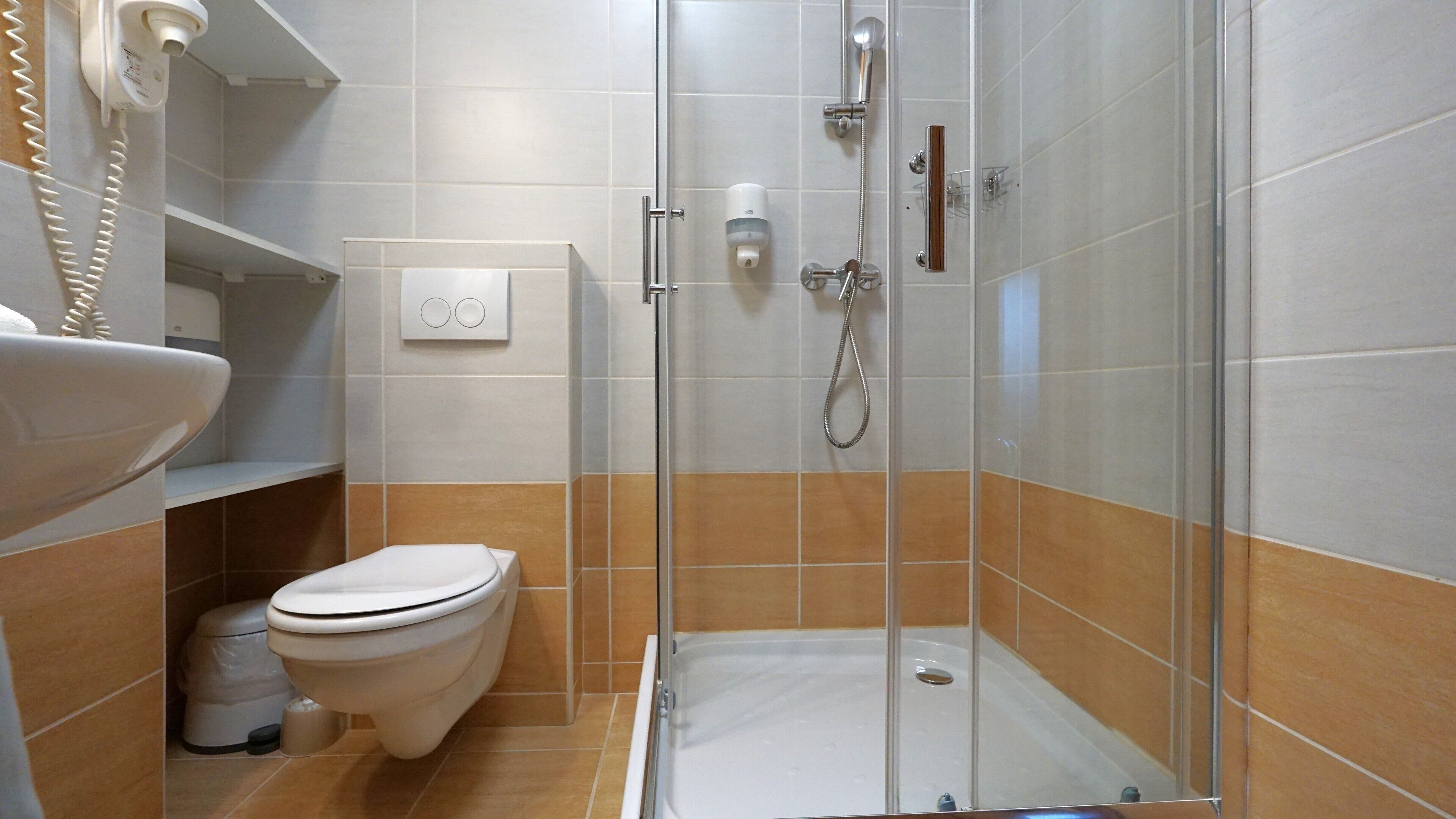 A modern bathroom with a glass shower enclosure, a toilet, and a sink.