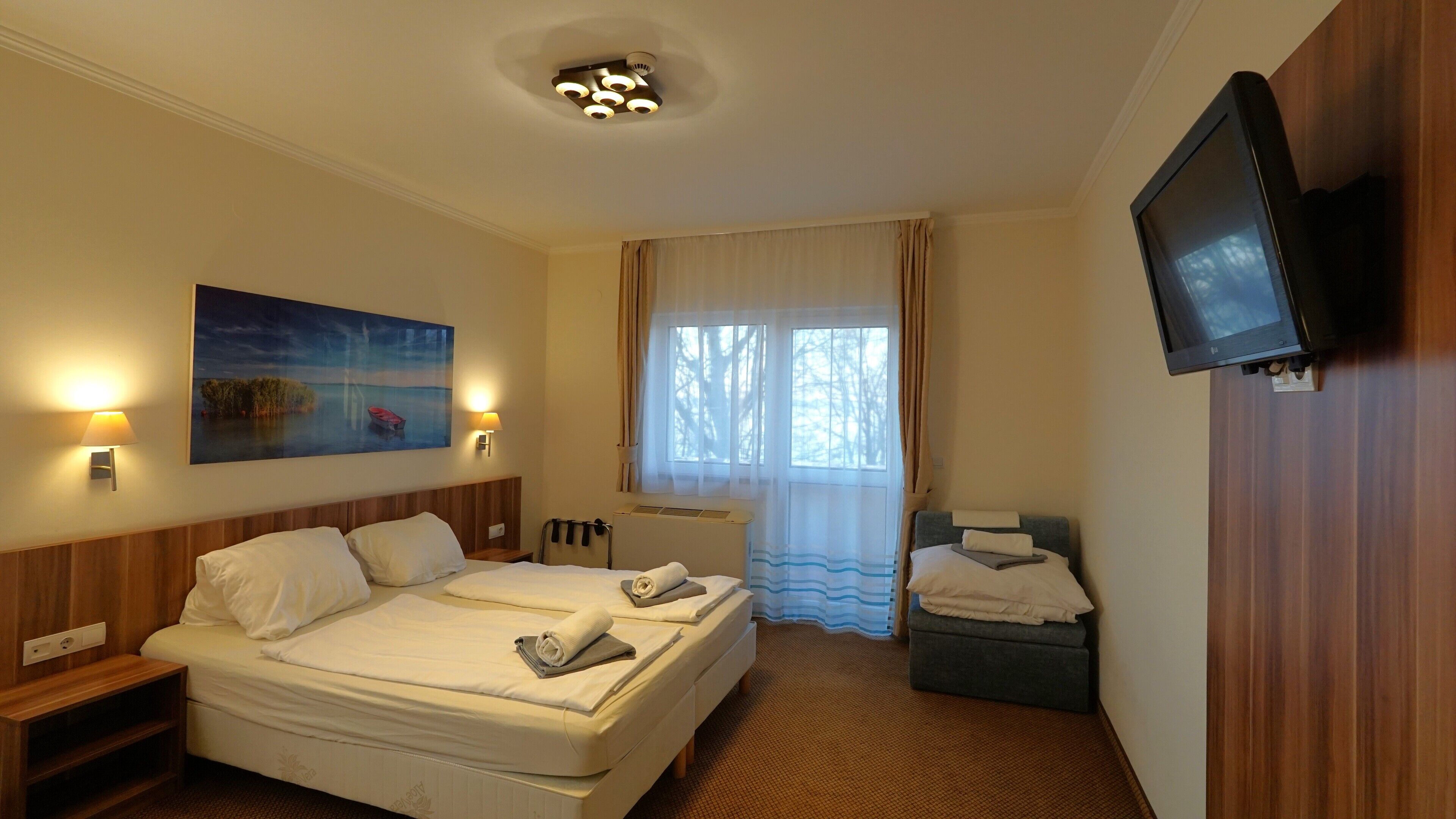 A hotel room with a double bed, a TV mounted on the wall, a painting on the wall, and a window with curtains.