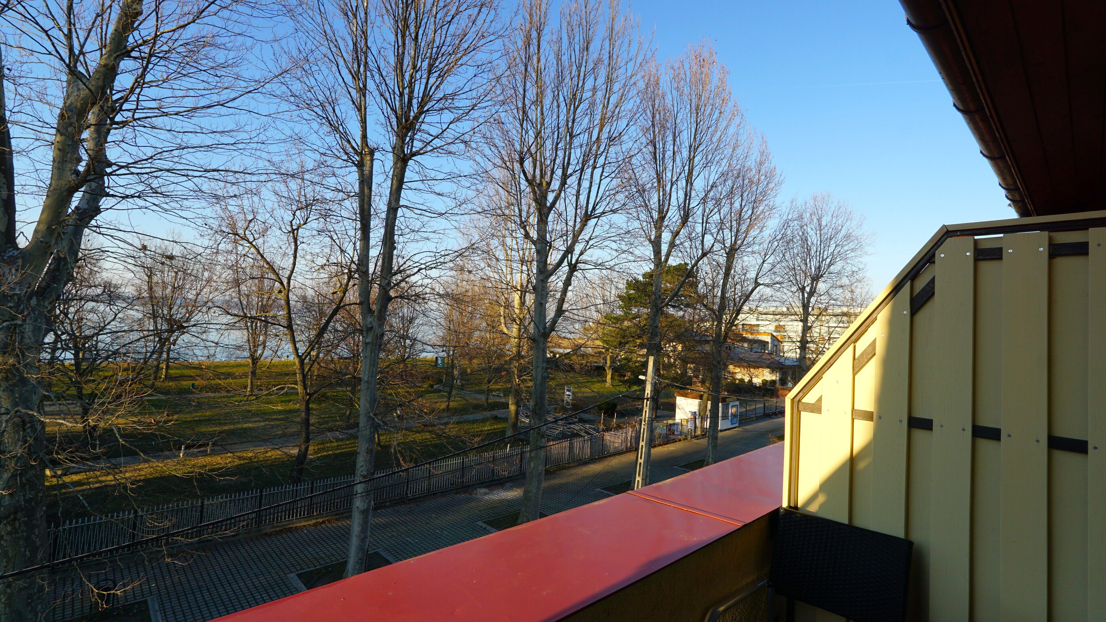 A view from a balcony overlooking a park with bare trees and a distant building.
