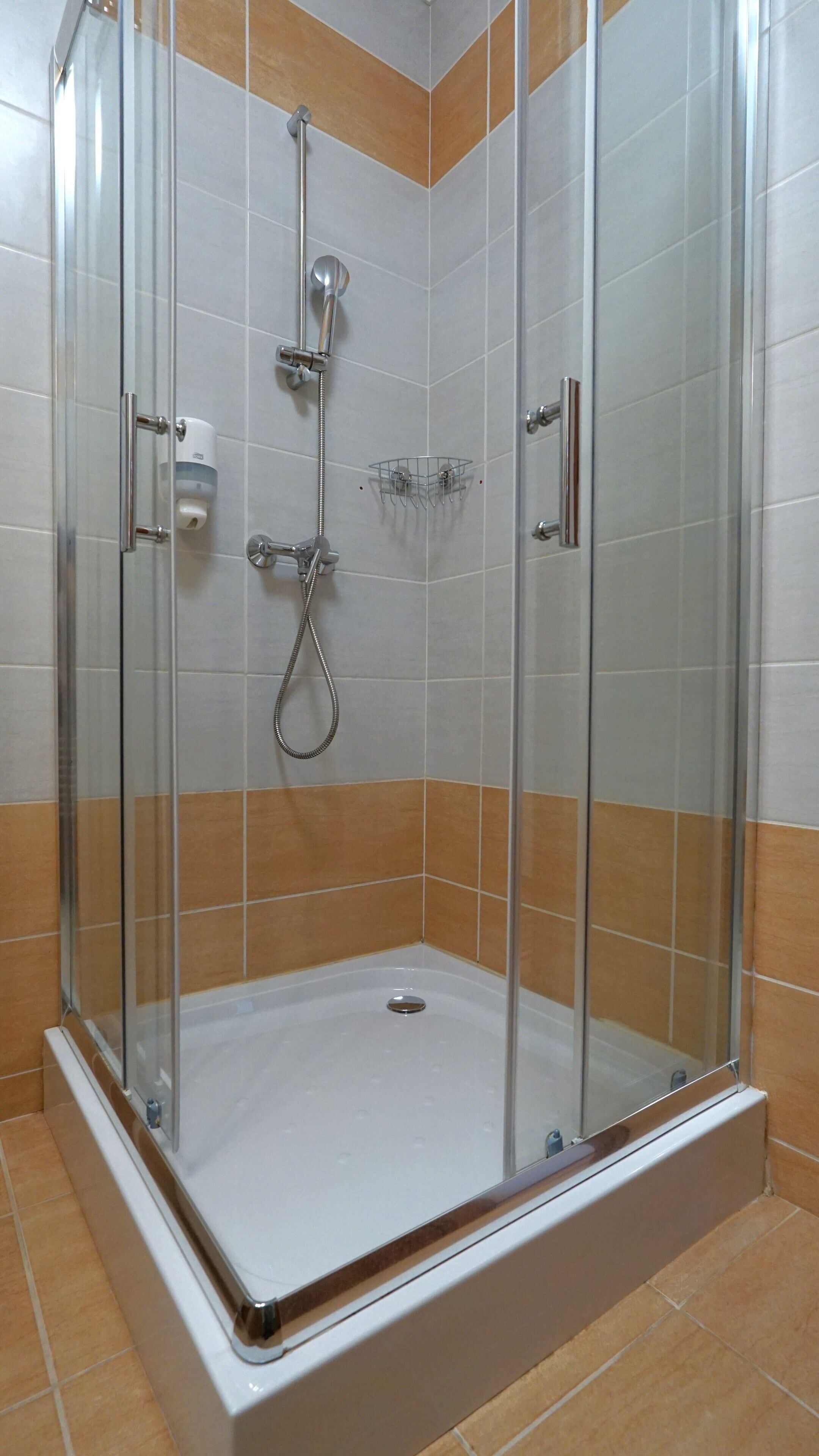Eine gläserne Duschkabine mit Handbrause, Seifenspender und einer kleinen Ablagefläche.