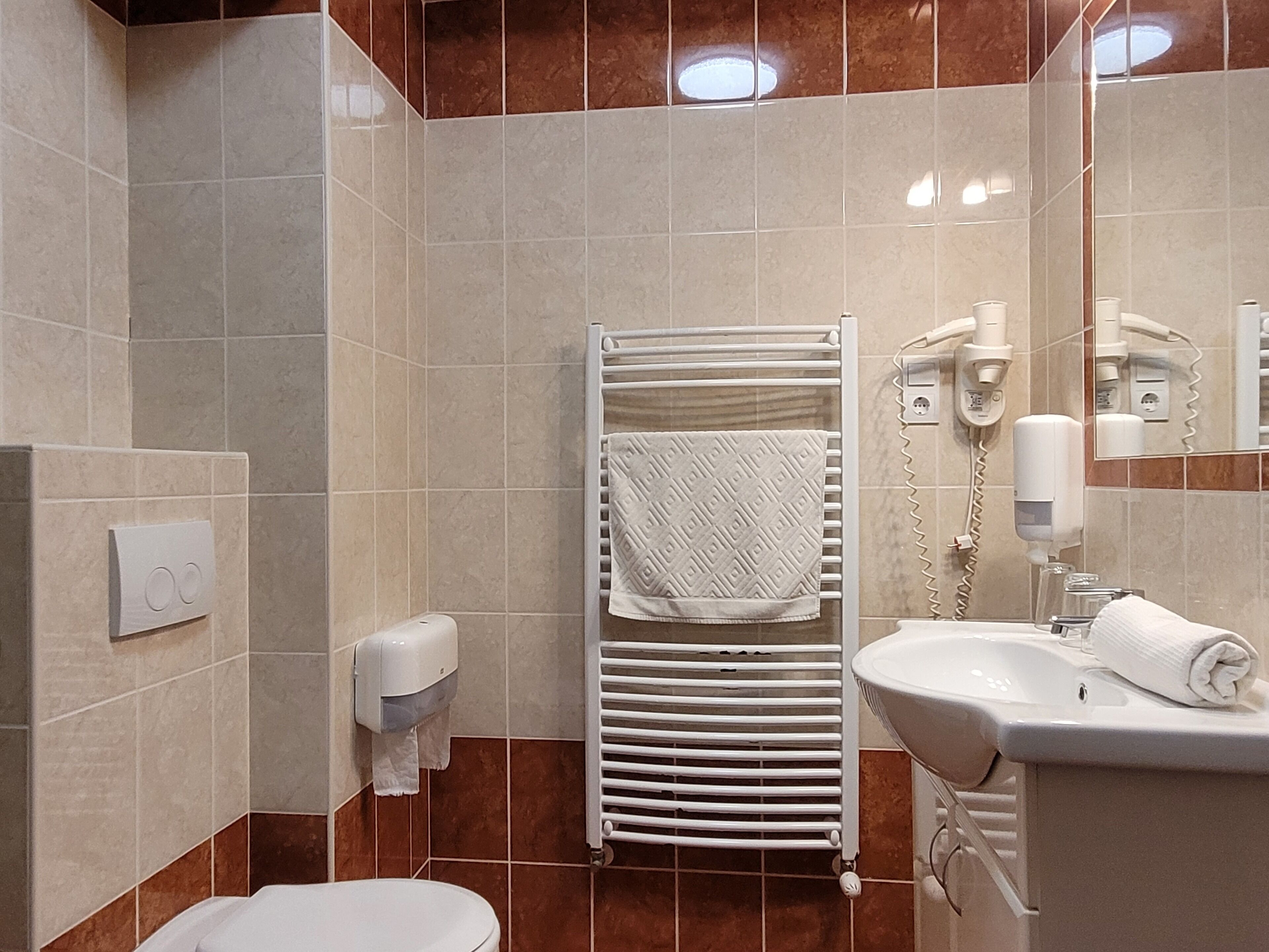 Un baño con inodoro, lavamanos, toallero y espejo.