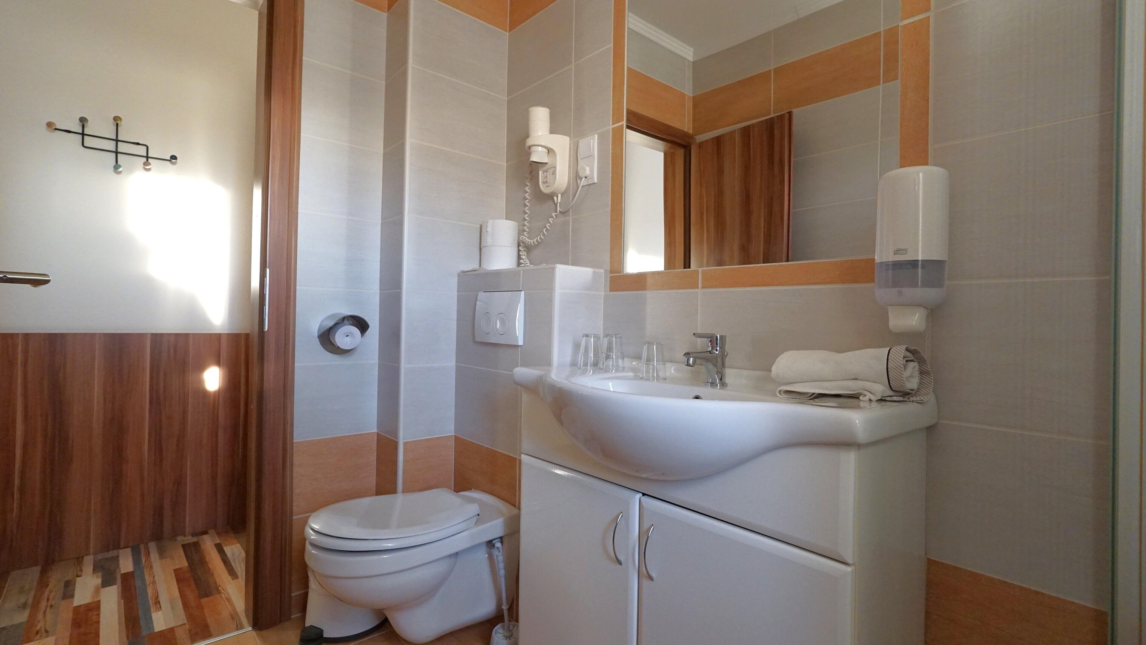 Een badkamer met toilet, wastafel en douche.