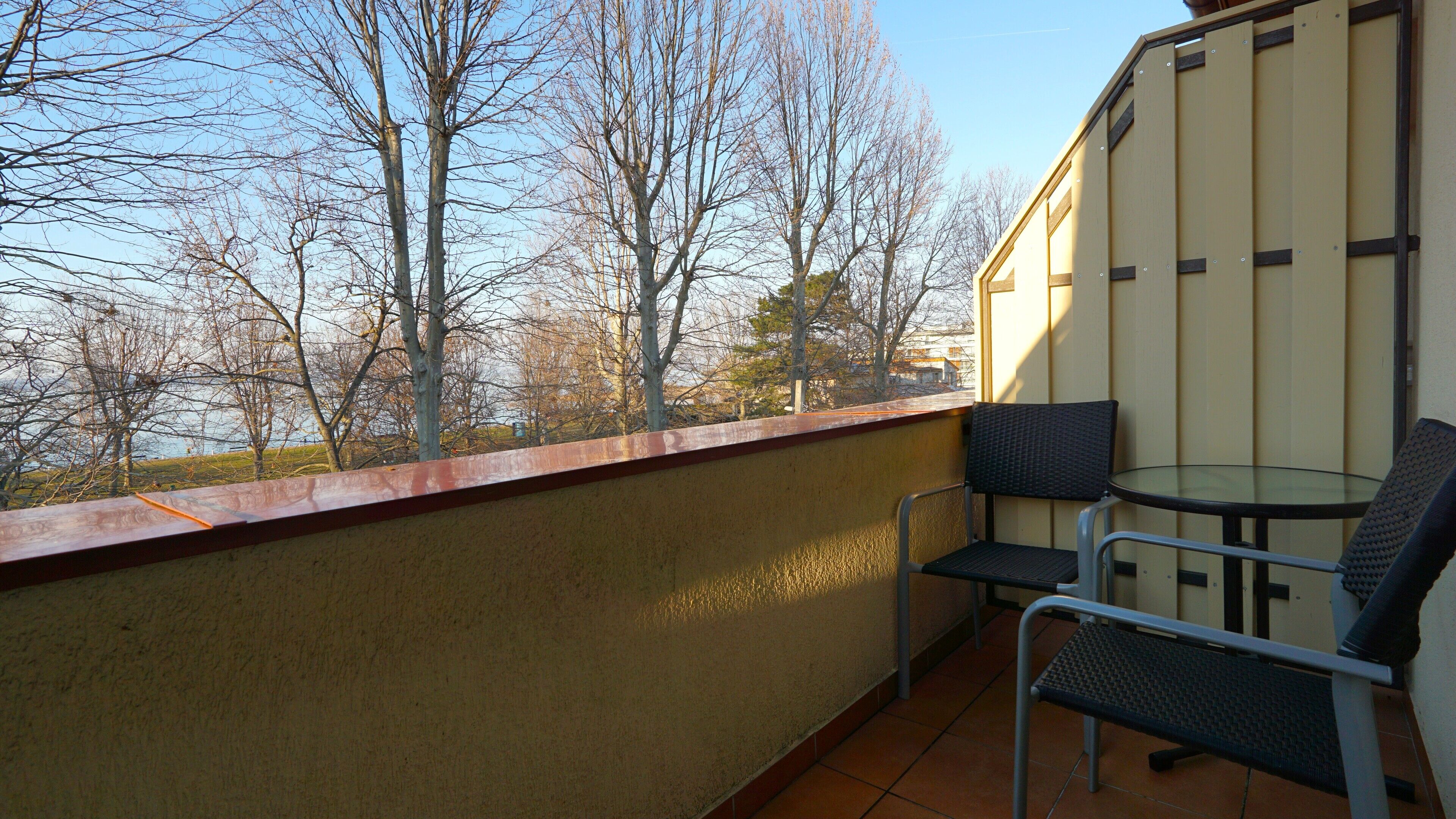Ein Balkon mit Tisch und zwei Stühlen mit Blick auf eine von Bäumen gesäumte Gegend.
