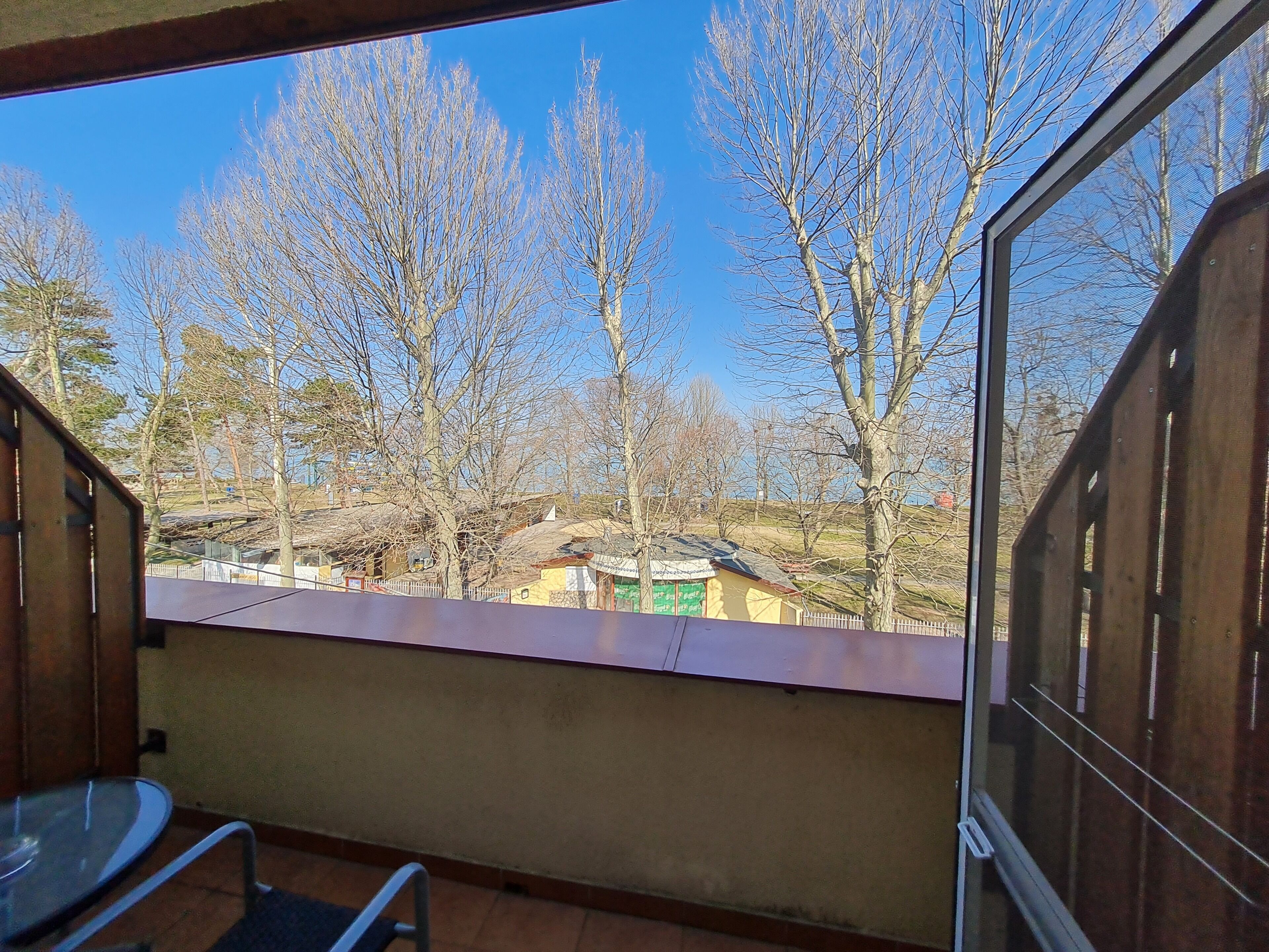 Un balcon d’où l’on peut admirer des arbres sans feuilles et un bâtiment situé au loin.